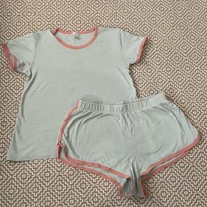 Women's Mint Stripe Short Sleeve Pajama Set with Coral Trim
